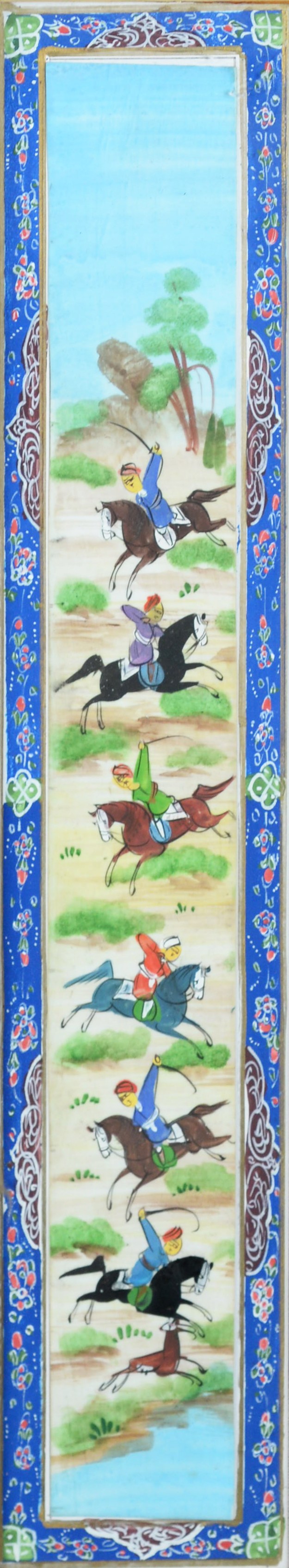 PAIR OF INDIAN GOUACHE DRAWINGS ON PAPER, EACH OF TWO WARRIORS, ONE ON HORSEBACK, within embroidered - Image 7 of 8