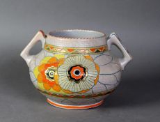 CROWN DUCAL CHARLOTTE RHEAD DESIGN AND SIGNED TWO HANDLE VASE, circular and squat, Rhodian floral