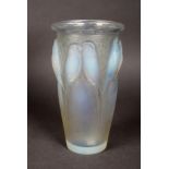 RENE LALIQUE OPALESCENT 'CEYLAN' GLASS VASE with SATIN FINISH, moulded in low relief with four pairs