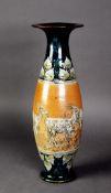 EARLY 20th CENTURY ROYAL DOULTON 'LAMBETH' STONEWARE SLENDER OVIFORM VASE with everted rim, the body