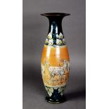 EARLY 20th CENTURY ROYAL DOULTON 'LAMBETH' STONEWARE SLENDER OVIFORM VASE with everted rim, the body