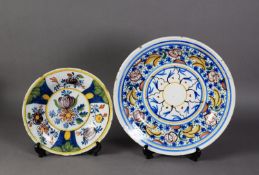 ANTIQUE DUTCH POLYCHROME DELFT POTTERY PLATE, with dished centre, painted with stylised flowers,