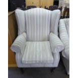 LAURA ASHLEY GEORGIAN STYLE WINGED EASY ARMCHAIR, UPHOLSTERED AND COVERED IN GREY AND WHITE