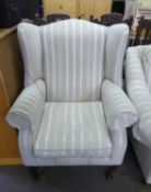 LAURA ASHLEY GEORGIAN STYLE WINGED EASY ARMCHAIR, UPHOLSTERED AND COVERED IN GREY AND WHITE