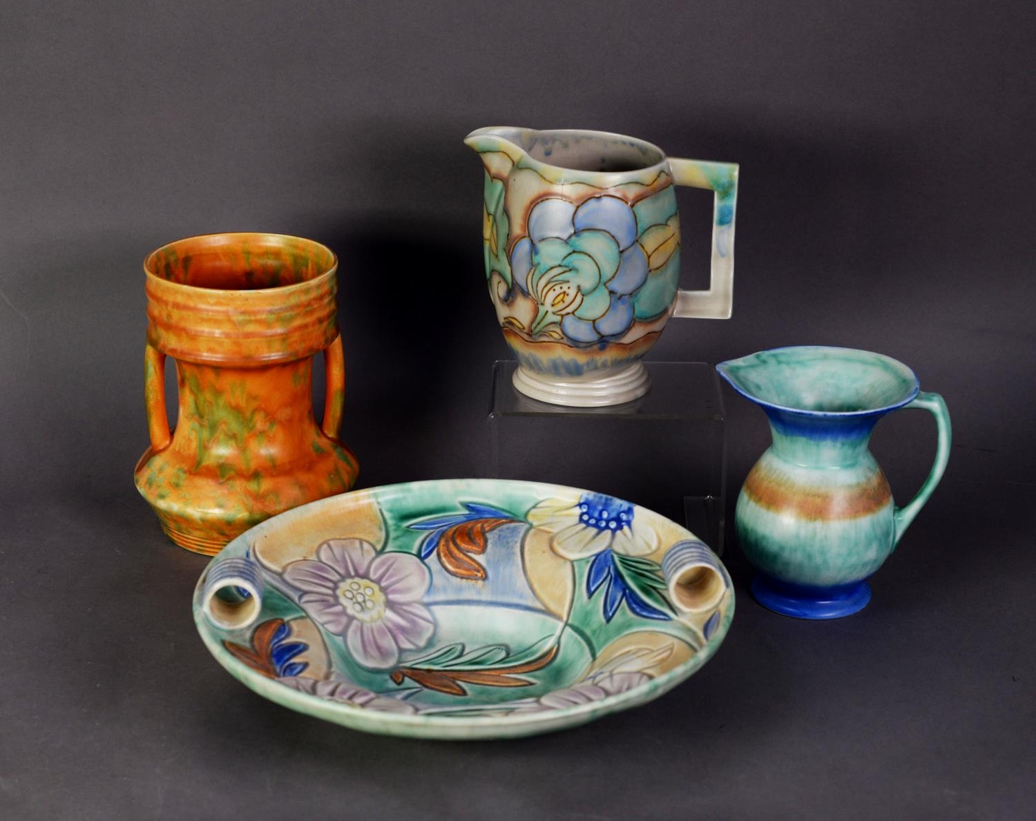 FOUR PIECES OF 1930’s POTTERY, comprising: BESWICK WARE TWO HANDLED CYLINDRICAL VASE, (183), mottled