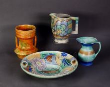 FOUR PIECES OF 1930’s POTTERY, comprising: BESWICK WARE TWO HANDLED CYLINDRICAL VASE, (183), mottled