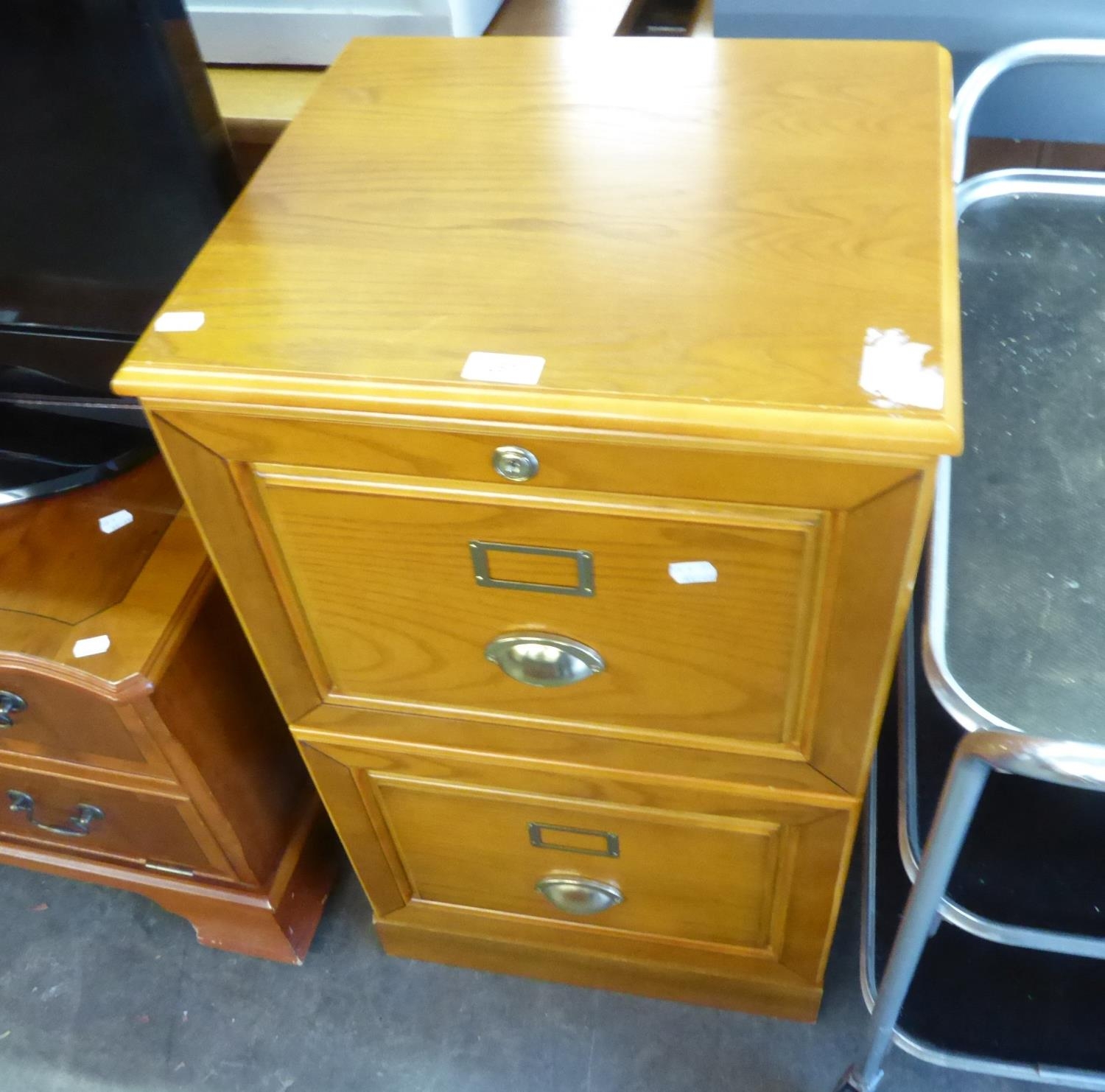 A VINTAGE STYLE WOODEN TWO DRAWER FILING CABINET