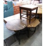 THREE OCCASIONAL TABLES, ONE WITH HEXAGONAL TOP, CUT DOWN, ANOTHER, SQUARE AND AN ANTIQUE OAK TRIPOD