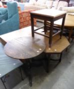 THREE OCCASIONAL TABLES, ONE WITH HEXAGONAL TOP, CUT DOWN, ANOTHER, SQUARE AND AN ANTIQUE OAK TRIPOD