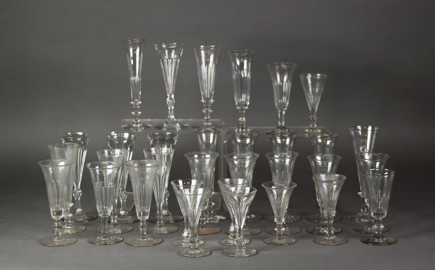 THIRTY THUMB CUT STEM WINE GLASSES with slender trumpet bowls, various pattern and sizes