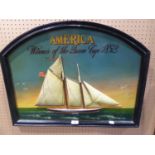 A REPLICA PAINTED WOOD RELIEF WALL PANEL ‘AMERICA, WINNER OF THE QUEEN CUP 1852’