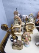 TWO MODERN GILT METAL FIGURAL MANTLE CLOCKS, NINE COMPOSITION MANTLE CLOCKS, and a POTTER EXAMPLE