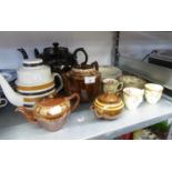 SIX CROWN STAFFORDSHIRE SAUCERS AND THREE CUPS, FIVE ALFRED MEAKIN SOUP DISHES AND FIVE TEAPOTS