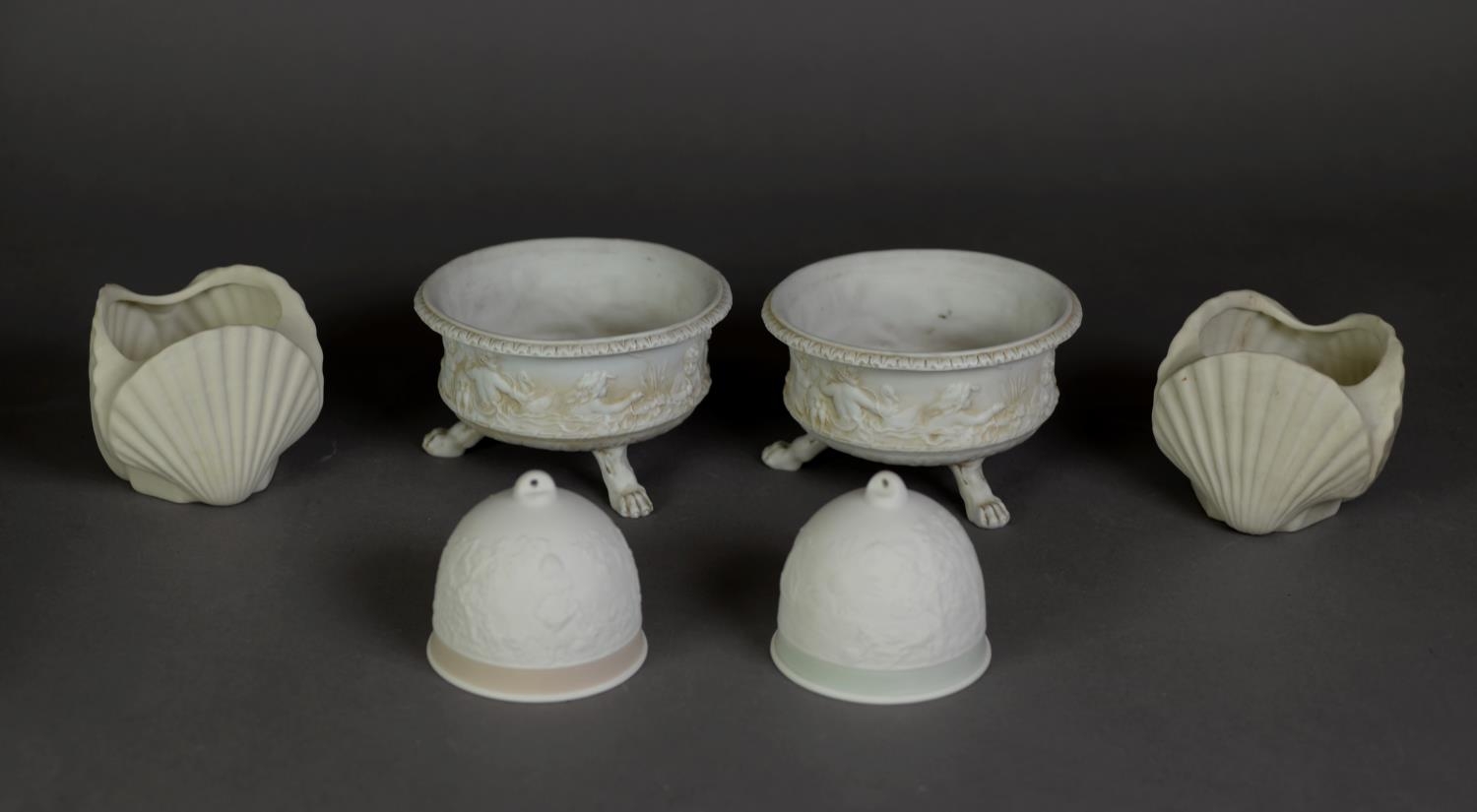 PAIR OF CONTINENTAL MOULDED BISQUE PORCELAIN SMALL PLANTERS, each of circular form with three paw - Image 2 of 2