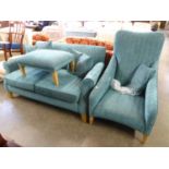 A LOUNGE SUITE OF THREE PIECES COVERED IN BLUE TEXTURED FABRIC, VIZ A TWO SEATER SETTEE, A LOUNGE