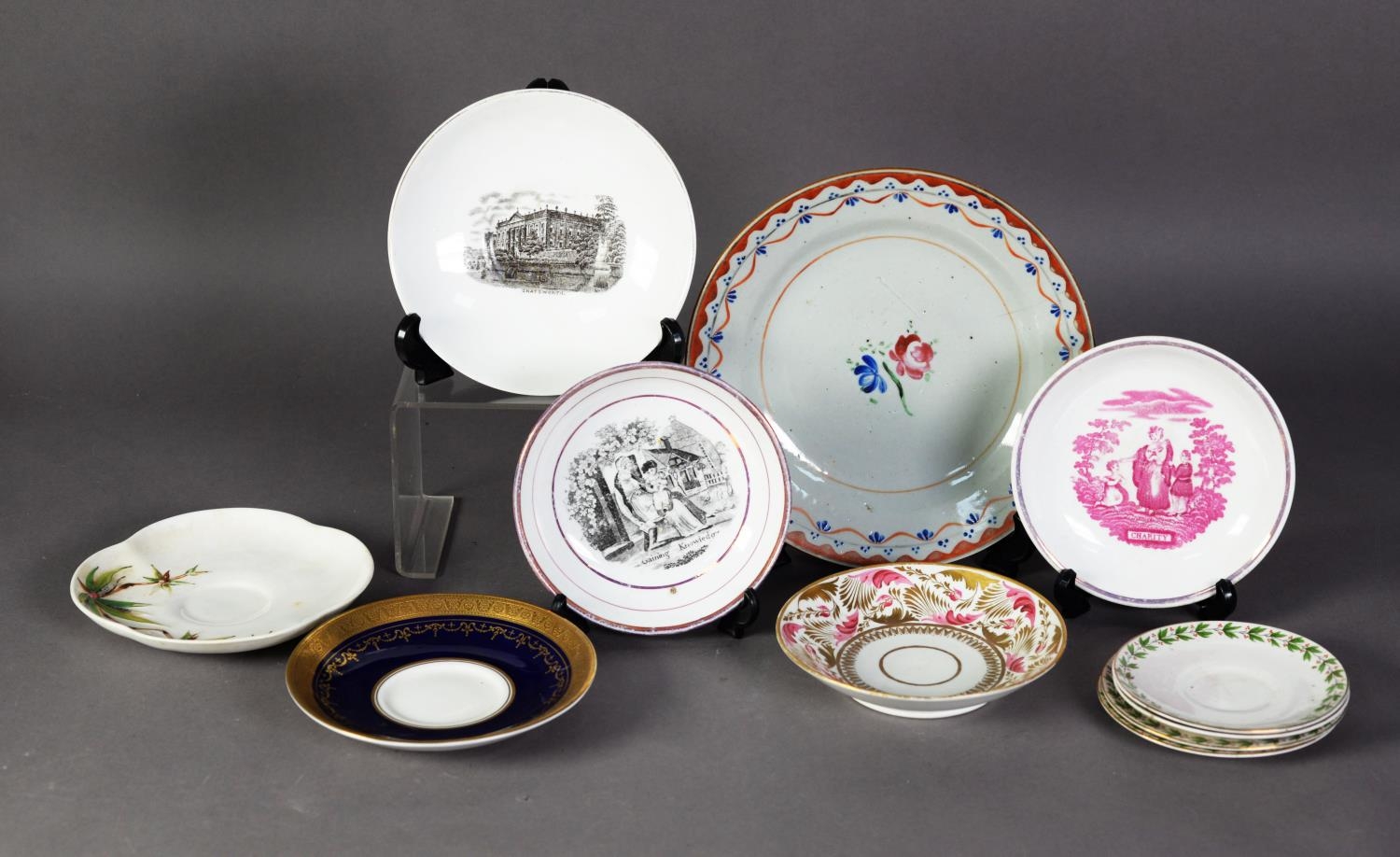 FIVE VARIOUS ENGLISH PORCELAIN SAUCERS, A CHINESE PROVINCIAL WARE EXPORT PLATE, a Victorian