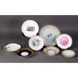 FIVE VARIOUS ENGLISH PORCELAIN SAUCERS, A CHINESE PROVINCIAL WARE EXPORT PLATE, a Victorian