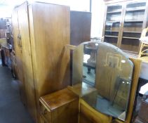 ART DECO INLAID BLOND WALNUT WOOD BEDROOM SUITE OF THREE PIECES, VIZ A TWO DOOR WARDROBE,