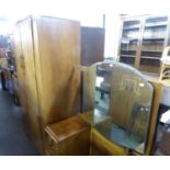 ART DECO INLAID BLOND WALNUT WOOD BEDROOM SUITE OF THREE PIECES, VIZ A TWO DOOR WARDROBE,