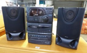 PHILIPS MINI HIFI SYSTEM FW360C, WITH CD AND CASSETTE TAPE PLAYERS AND RADIO TUNER WITH A PAIR OF