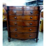 VICTORIAN MAHOGANY LARGE BOW FRONTED CHEST OF TWO SHORT AND FOUR GRADUATED LONG DRAWERS, WITH COCK-