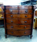 VICTORIAN MAHOGANY LARGE BOW FRONTED CHEST OF TWO SHORT AND FOUR GRADUATED LONG DRAWERS, WITH COCK-