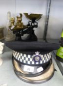 SOMERSET AND BATH CONSTABULARY POLICE CAP AND  A PAIR OF BRASS AND JAPANNED METAL SCALES WITH 4 BELL