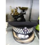 SOMERSET AND BATH CONSTABULARY POLICE CAP AND  A PAIR OF BRASS AND JAPANNED METAL SCALES WITH 4 BELL