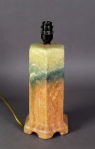 WILLIAM HOWSON TAYLOR, RUSKIN POTTERY HEXAGONAL COLUMNAR ELECTRIC TABLE LAMP, covered with a mottled