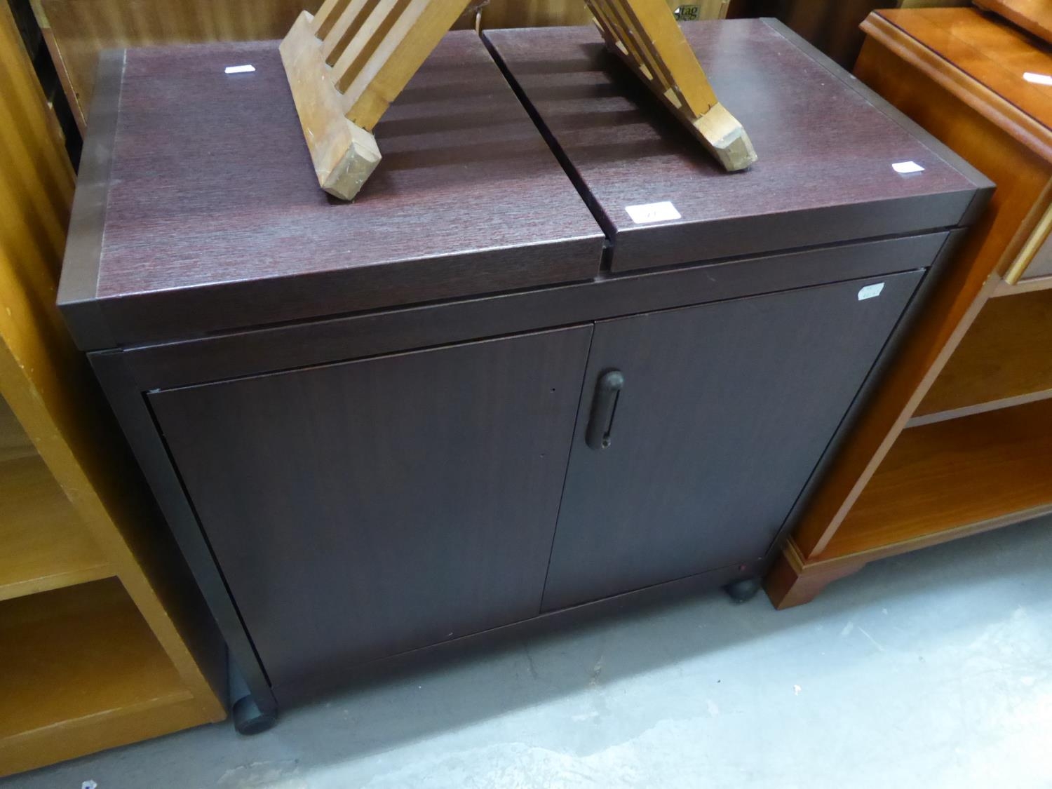 A BROWN WOOD-EFFECT METAL, ELECTRIC HOT FOOD CABINET