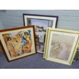 PICASSO COLOUR PRINT, FEMALE NUDES AND A PAIR OF COLOUR PRINTS, WOMEN GARDENING (3)