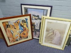 PICASSO COLOUR PRINT, FEMALE NUDES AND A PAIR OF COLOUR PRINTS, WOMEN GARDENING (3)