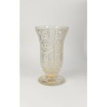 GOOD QUALITY HEAVY CUT GLASS LARGE VASE, of footed, cylindrical form with flared rim and part