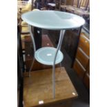 A CIRCULAR OCCASIONAL TABLE WITH GREY METAL FRAME AND FROSTED GLASS CIRCULAR TOP AND UNDERSHELF