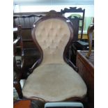 VICTORIAN MAHOGANY SHOW WOOD FRAMED BALLOON BACKED NURSING CHAIR, BUTTON UPHOLSTERED BACK AND THE