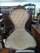 VICTORIAN MAHOGANY SHOW WOOD FRAMED BALLOON BACKED NURSING CHAIR, BUTTON UPHOLSTERED BACK AND THE