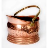 PLANISHED COPPER COAL BUCKET WITH BRASS HANDLE, AND A COPPER HUNTING HORN WITH BRASS MOUTH PIECE,