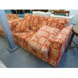 A LOUNGE SUITE OF 3 PIECES, COVERED IN RED FABRIC, EMBOSSED WITH WHITE ORIENTAL CHARACTERS, VIZ, A