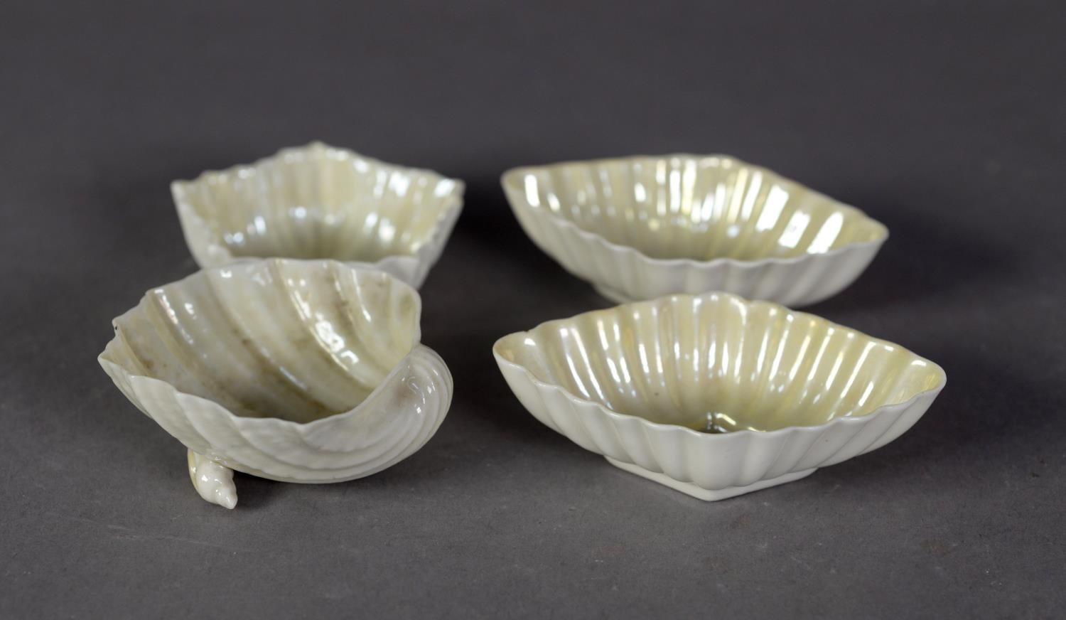 PAIR OF BELLEEK EARLY TWENTIETH CENTURY LOZENGE SHAPE OPEN SALTS, yellow interior, 3 1/2" (9cm) - Image 2 of 3