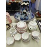 ‘ENGLISH’ POTTERY TEA SERVICE FOR SIX PERSONS SPIRALLY FLUTED; LARGE BLUE AND WHITE POTTERY TOILET
