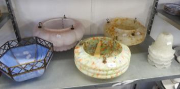 THREE 1930's ART DECO MOULDED COLOURED GLASS LIGHT SHADES, ANOTHER SIMILAR, HAVING LEADED DECORATION