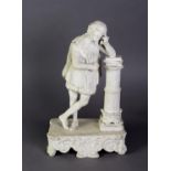 LATE 19th CENTURY BISQUE PORCELAIN STANDING FIGURE OF SHAKESPEARE in pensive mood, on ornately