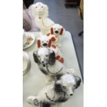 TWO PAIRS OF TWENTIETH CENTURY STAFFORDSHIRE POTTERY MANTEL DOGS, THE SMALLER PAIR WITH IRON RED