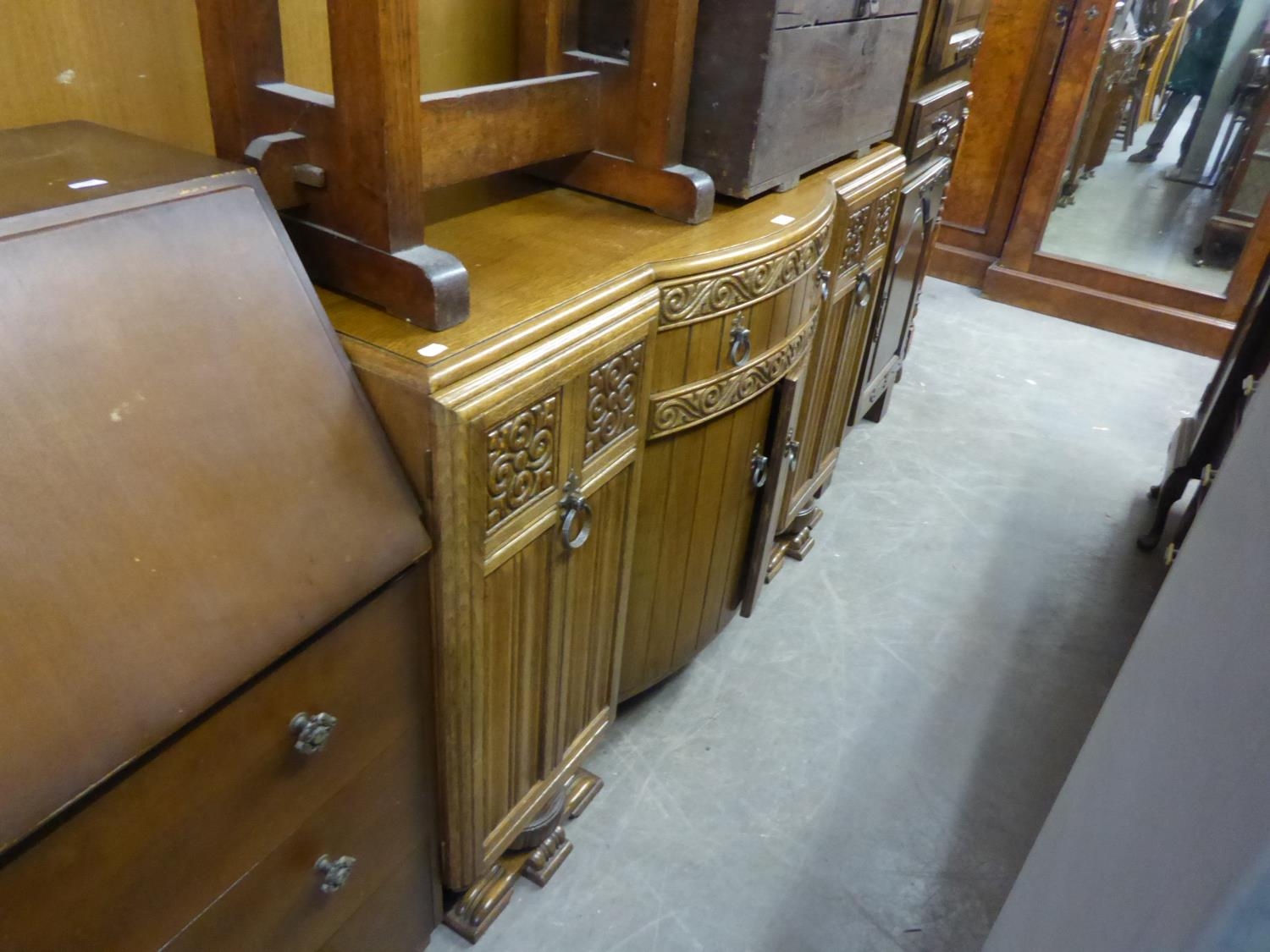 17TH CENTURY STYLE CARVED OAK DINING ROOM SUITE OF 6 PIECES, CARVED WITH SCROLL PATTERN BANDS, VIZ - Image 2 of 3