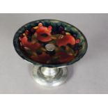 INTER-WAR YEARS WILLIAM MOORCROFT POTTERY FRUIT STAND OR TAZZA WITH TUDRIC PLANISHED PEWTER PEDESTAL