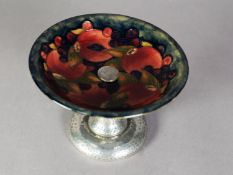 INTER-WAR YEARS WILLIAM MOORCROFT POTTERY FRUIT STAND OR TAZZA WITH TUDRIC PLANISHED PEWTER PEDESTAL