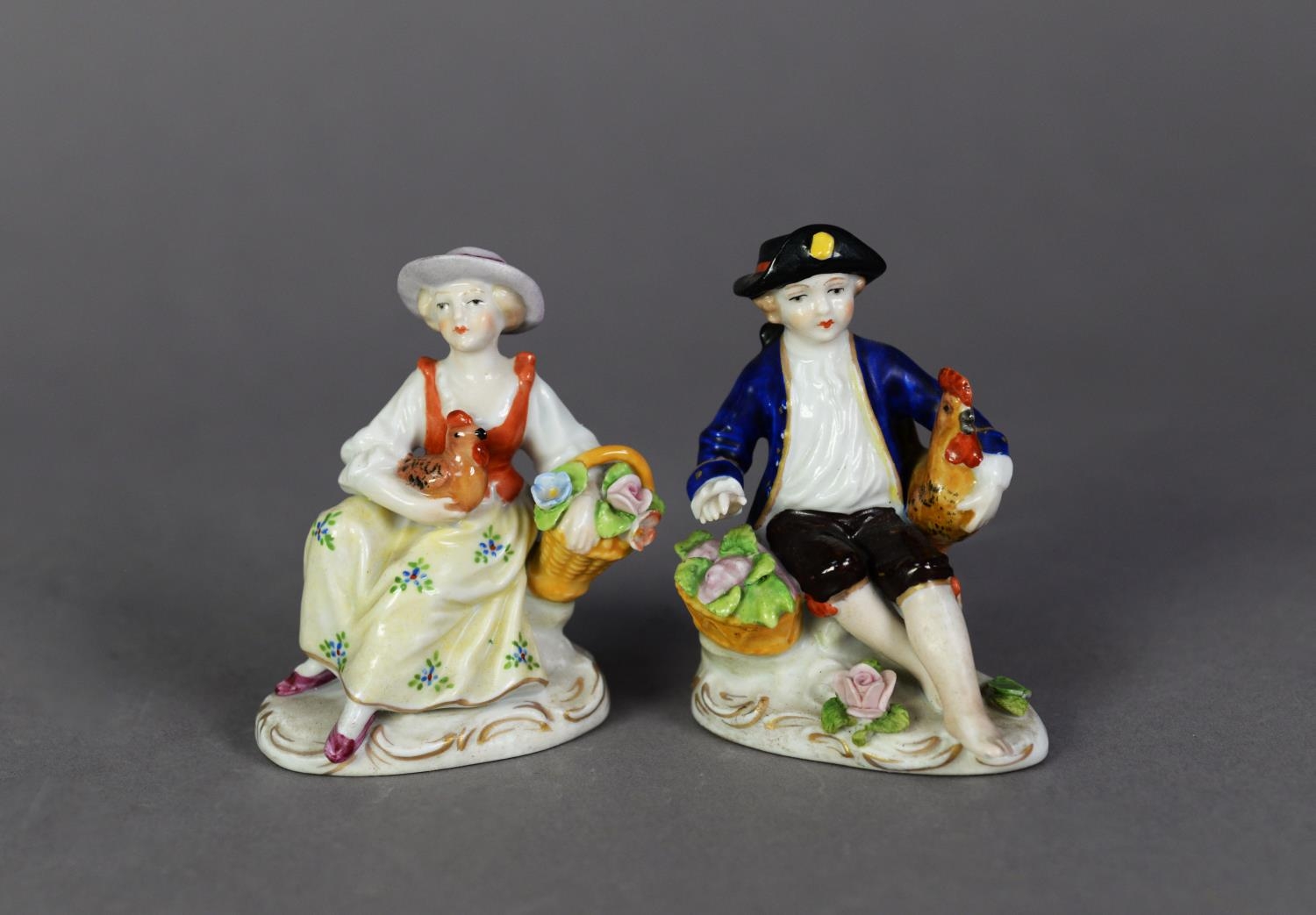 PAIR OF SITZENDORF PORCELAIN SMALL FIGURES, each painted in colours and gilt and modelled seated, - Image 2 of 2