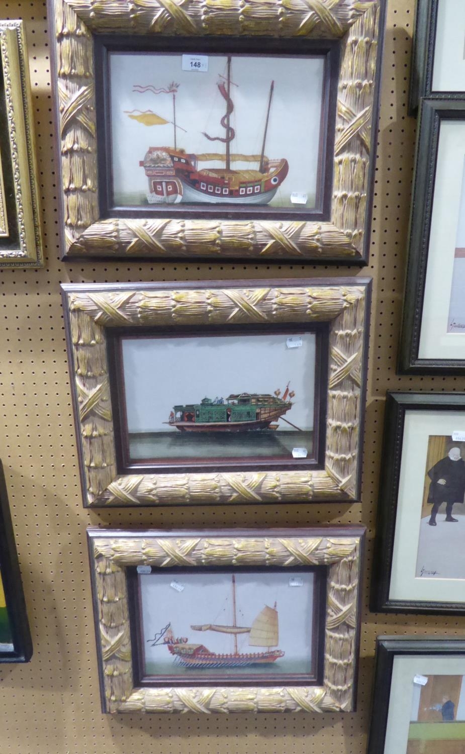 A SET OF THREE CHINESE WATERCOLOUR DRAWINGS, SAILING VESSELS, 8” X 12 ½”, UNIFORMLY GILT FRAMED