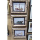 A SET OF THREE CHINESE WATERCOLOUR DRAWINGS, SAILING VESSELS, 8” X 12 ½”, UNIFORMLY GILT FRAMED