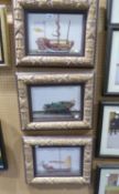 A SET OF THREE CHINESE WATERCOLOUR DRAWINGS, SAILING VESSELS, 8” X 12 ½”, UNIFORMLY GILT FRAMED